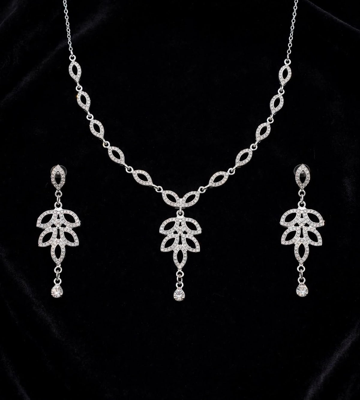 Silver Floral Crystal Necklace & Earrings Set