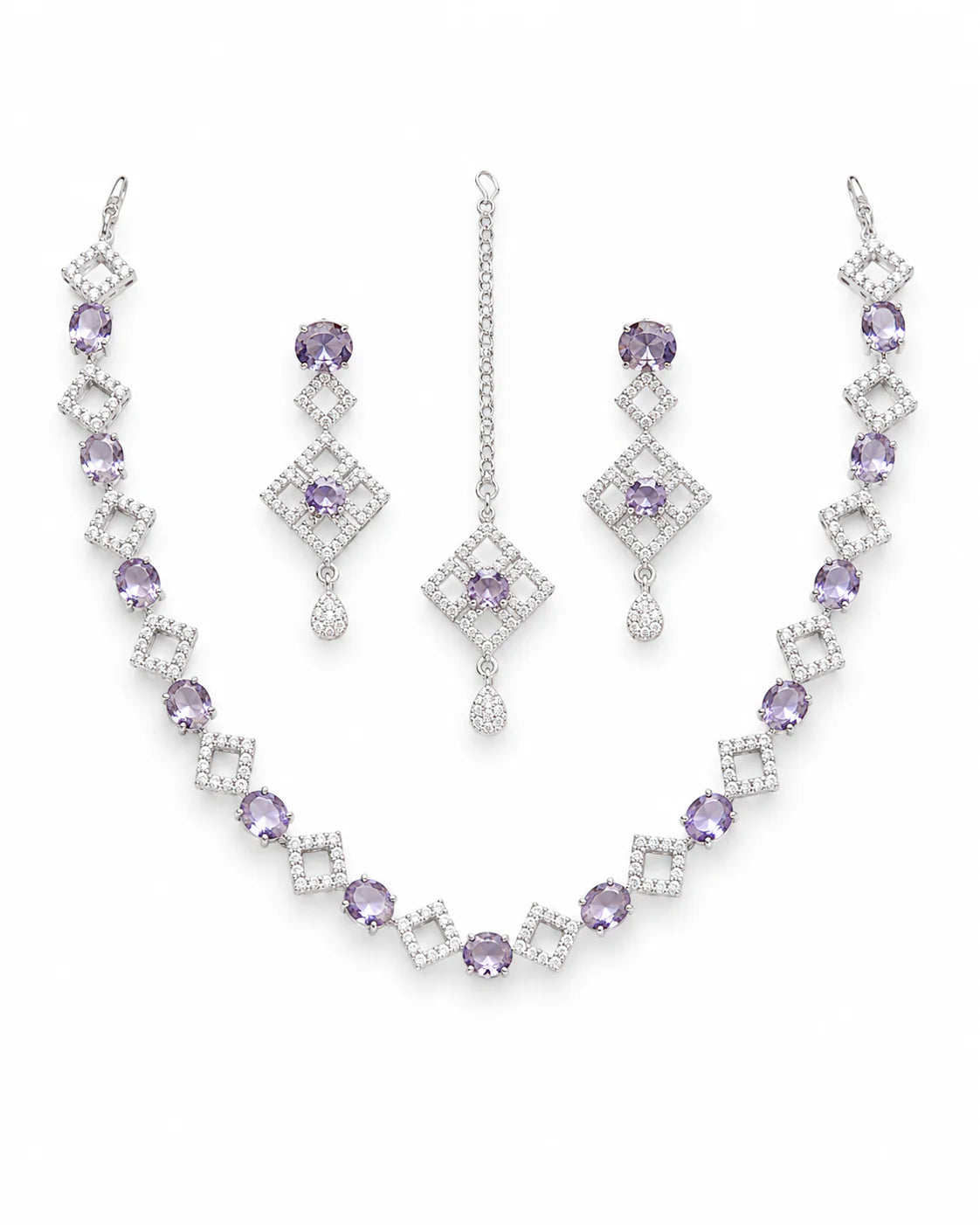 Lavender Crystal Silver Necklace Set with Earrings & Maang Tikka