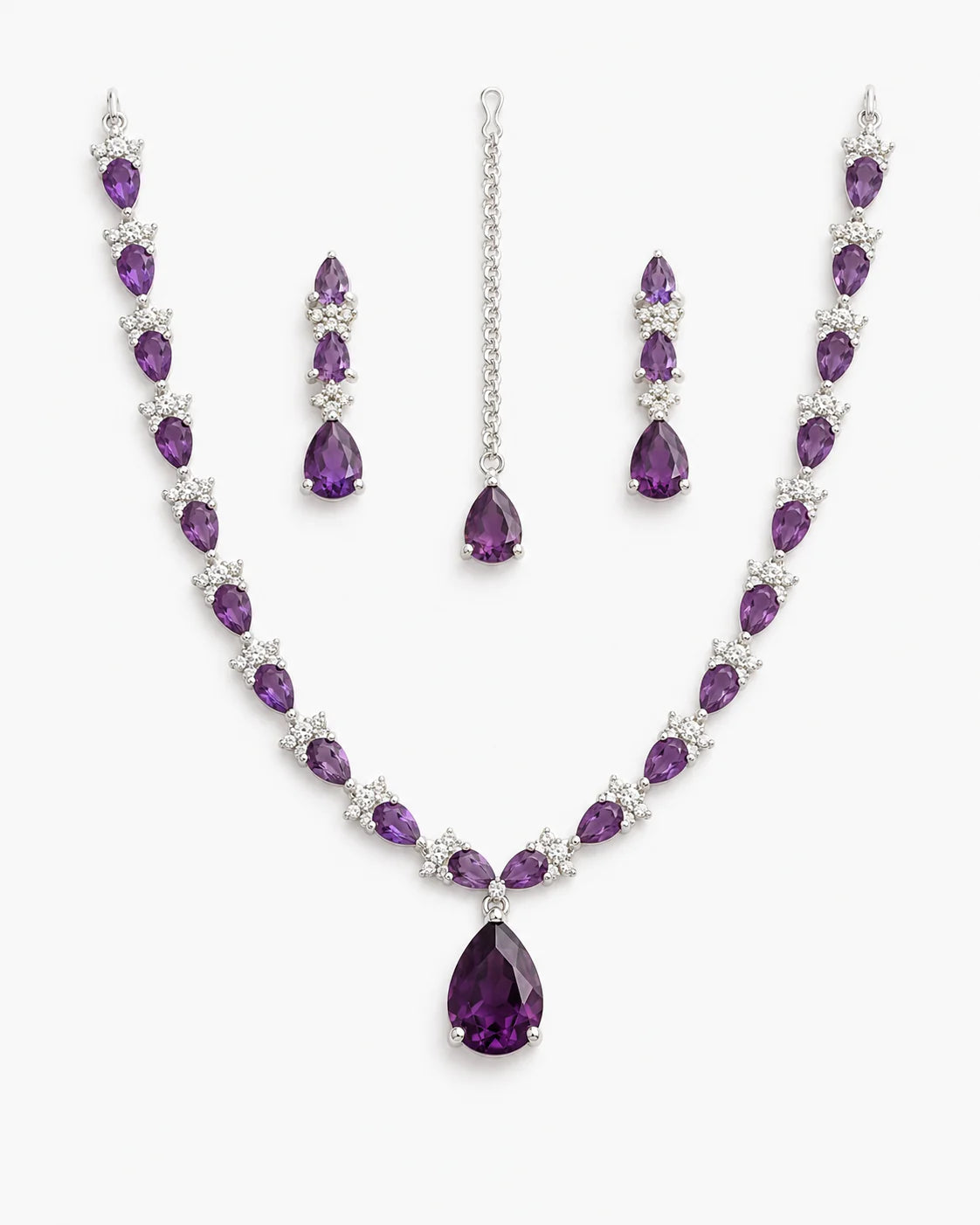 Amethyst Crystal Necklace Set with Earrings & Maang Tikka