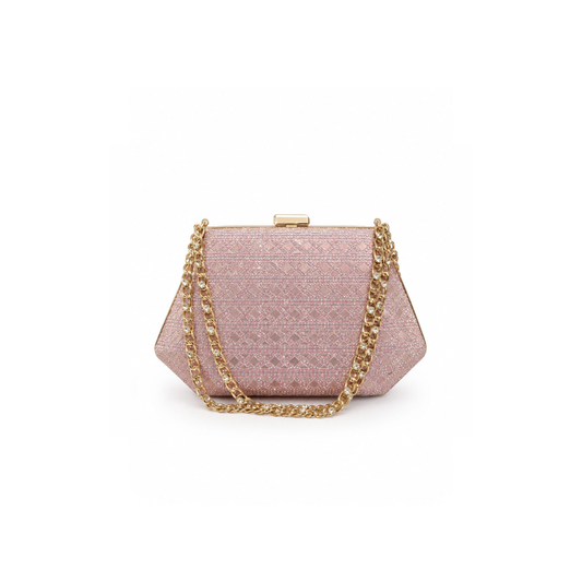 Luxury Rose Gold Pink Diamond Pattern Clutch with Heavy Crystal Chain