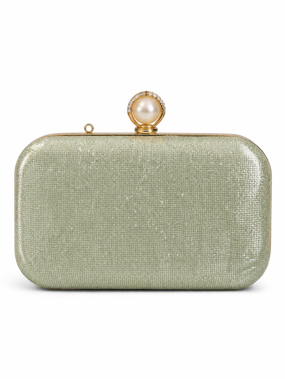 Silver Ribbed Pearl Clasp Evening Clutch