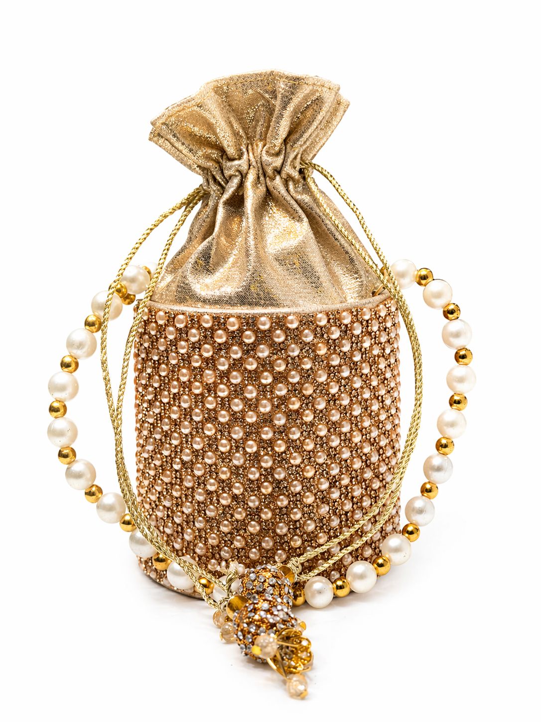 Veloria Golden Pearl Beaded Potli Clutch
