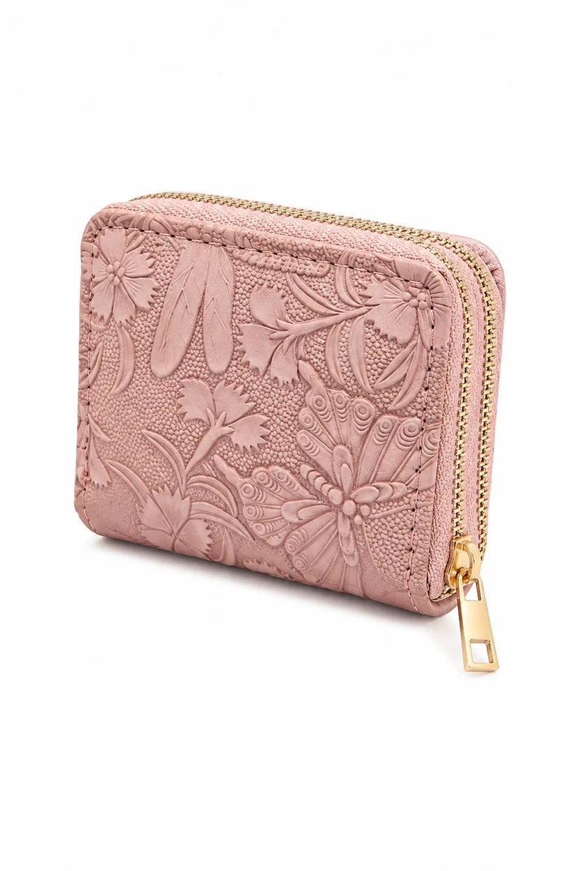 Brown Floral Embossed Zip Wallet