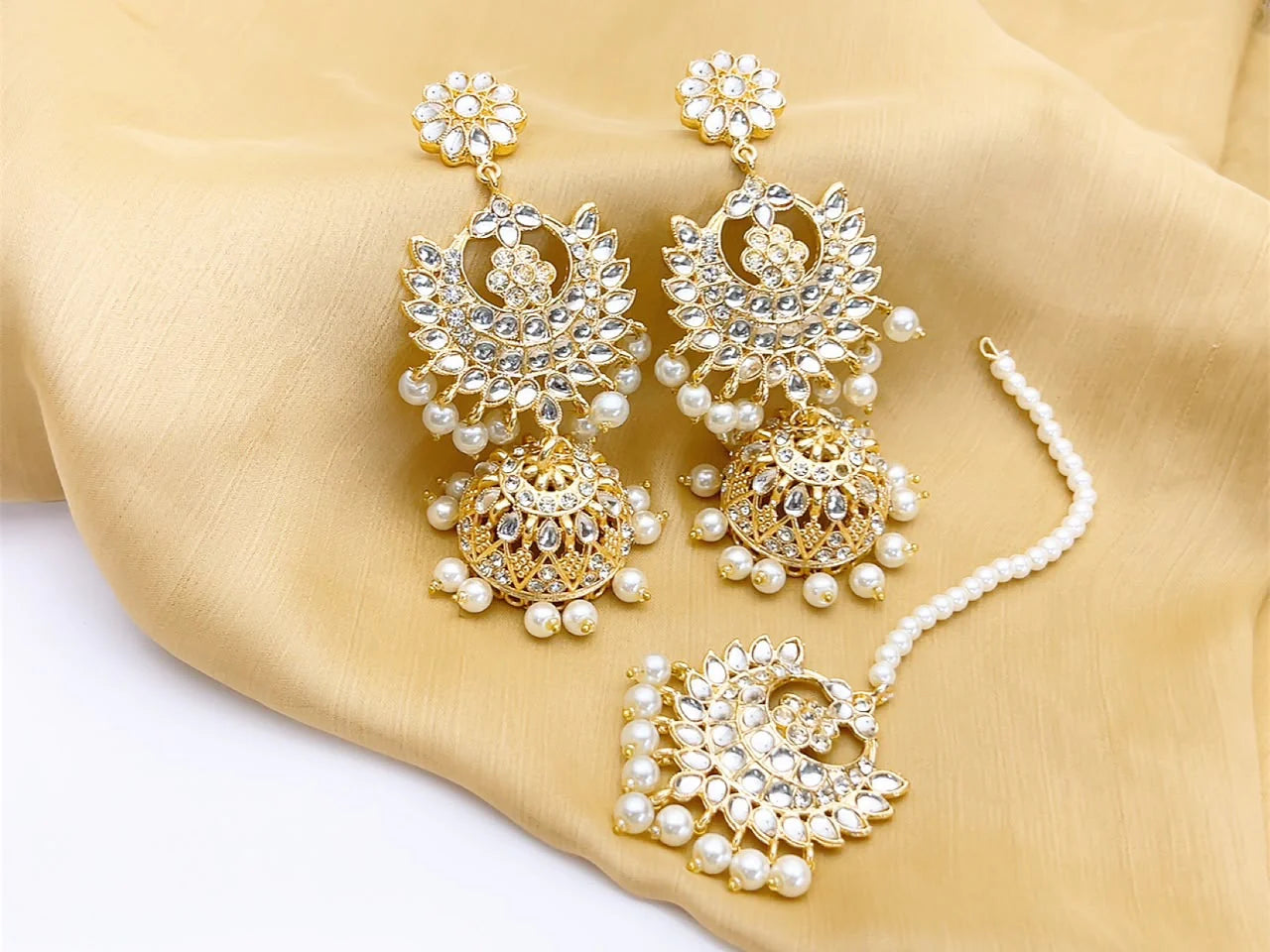 Kundan Peacock Jhumka Earrings with Maang Tikka