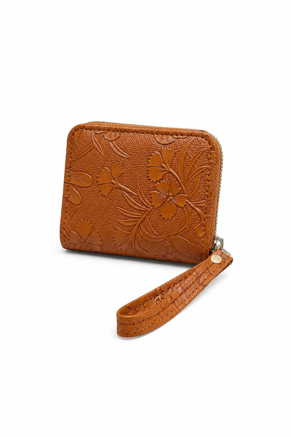 Brown Floral Embossed Wristlet Zip Wallet