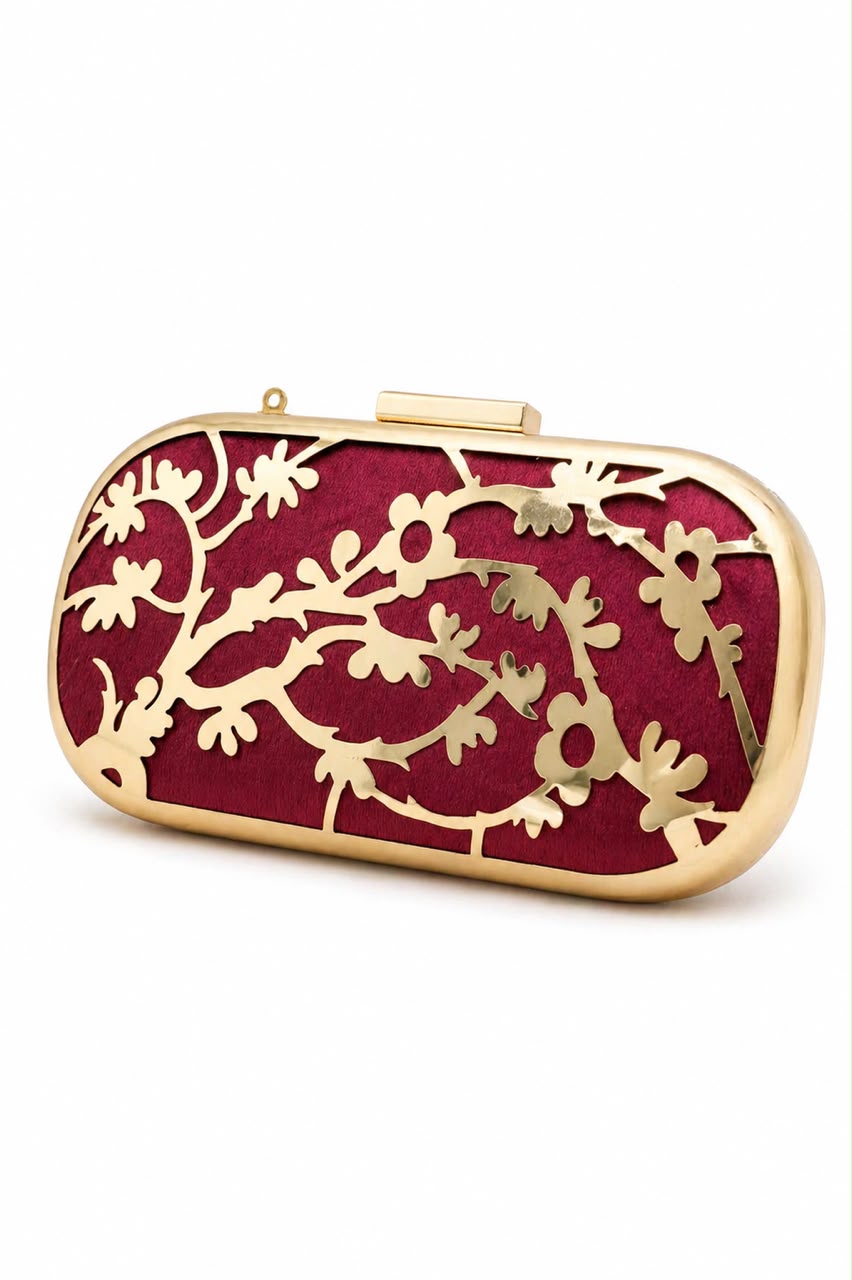 Maroon Gold Floral Clutch