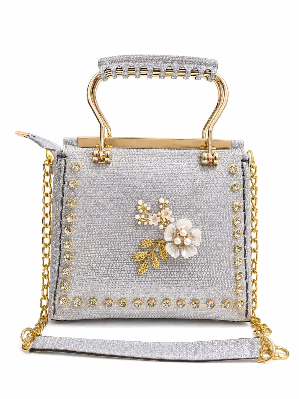 Silver Crystal Floral Handbag