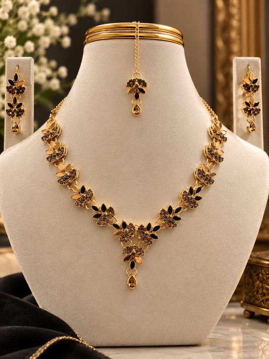 Golden Black Floral Necklace Set