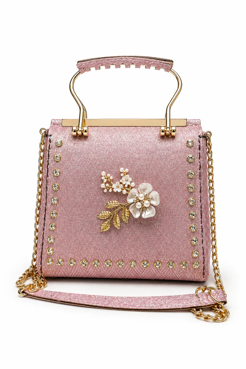 Blush Floral Studded Top Handle Handbag
