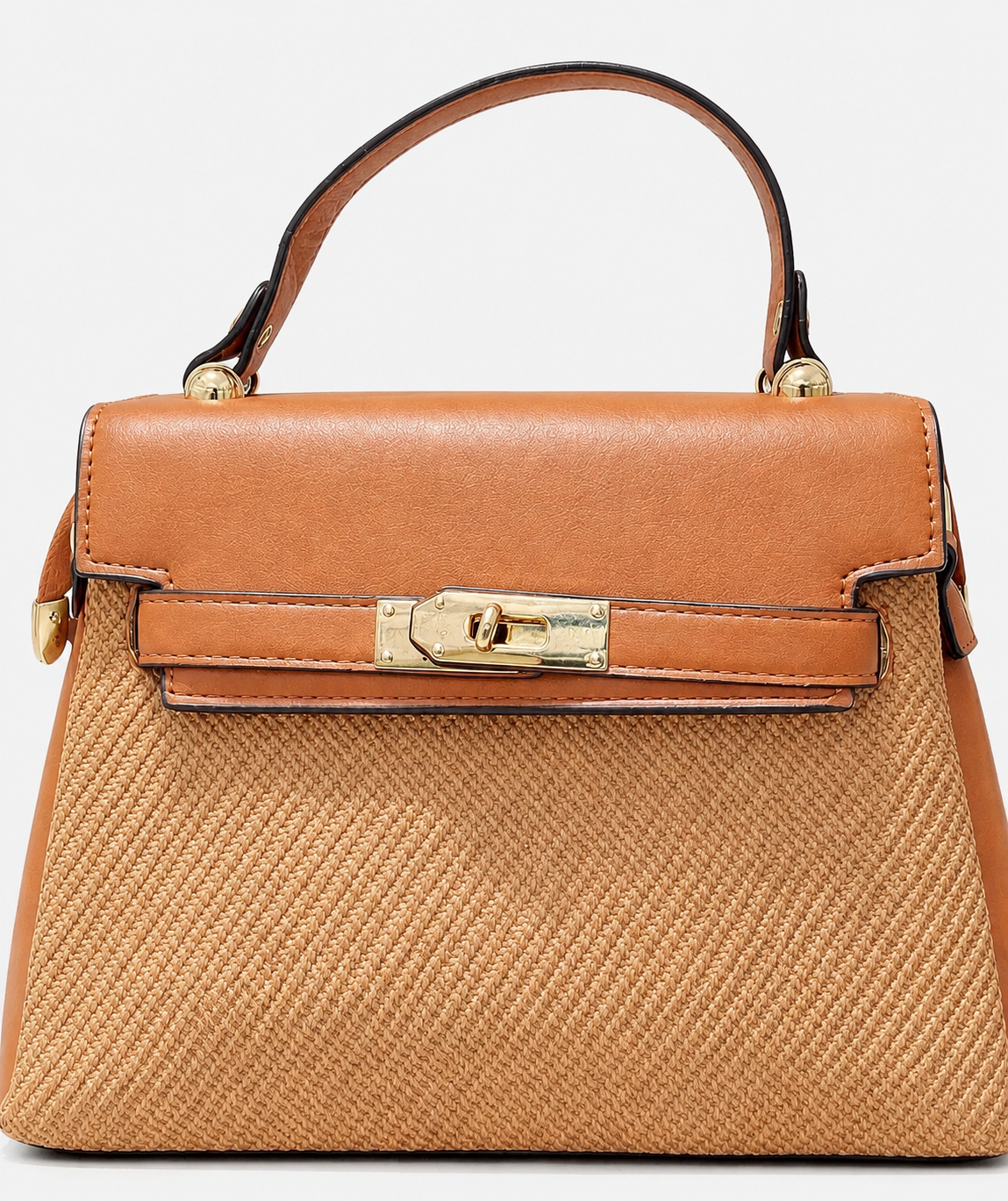 White Woven Lock Top Handle Handbag
