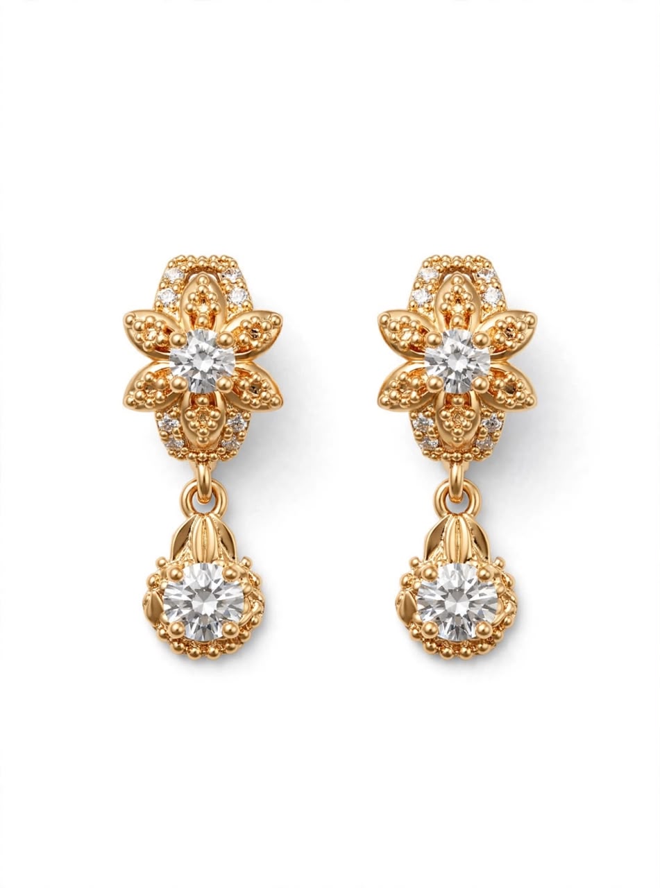 Gold Floral Crystal Drop Earrings