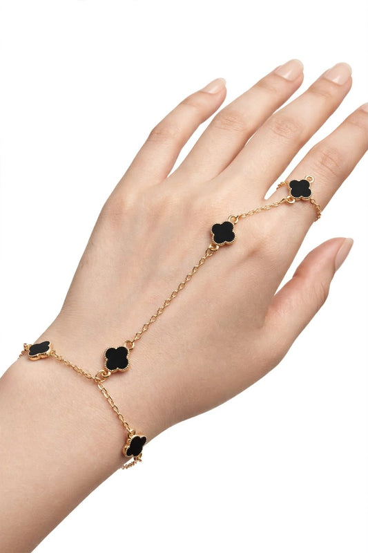 Gold Black Clover Hand Chain Bracelet