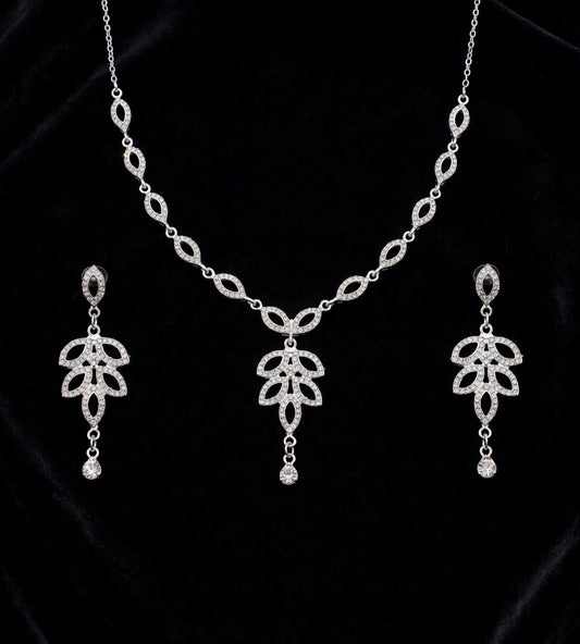 Silver Floral Crystal Necklace & Earrings Set