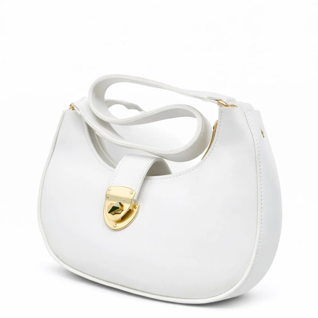 White Crescent Shoulder Bag with Gold Lock