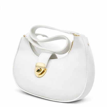 White Crescent Shoulder Bag with Gold Lock