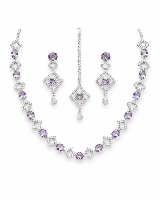 Lavender Crystal Silver Necklace Set with Earrings & Maang Tikka