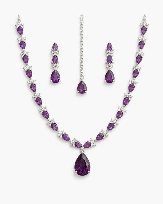 Amethyst Crystal Necklace Set with Earrings & Maang Tikka