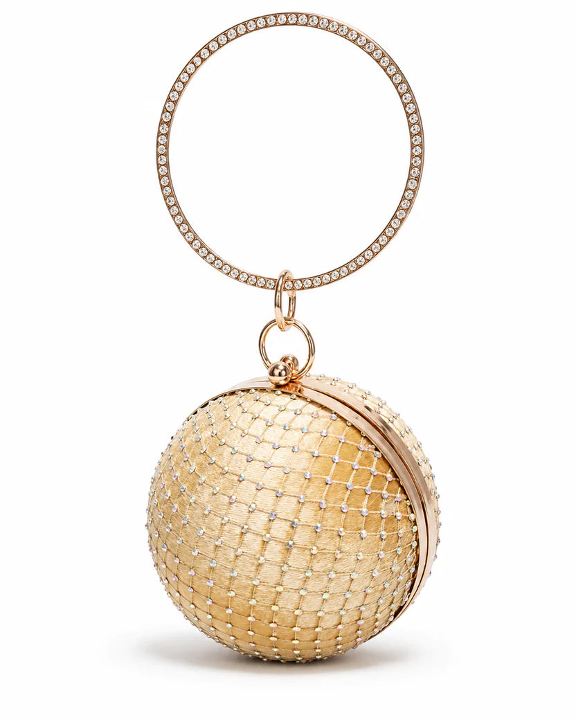 Golden Round Rhinestone Ring Handle Clutch