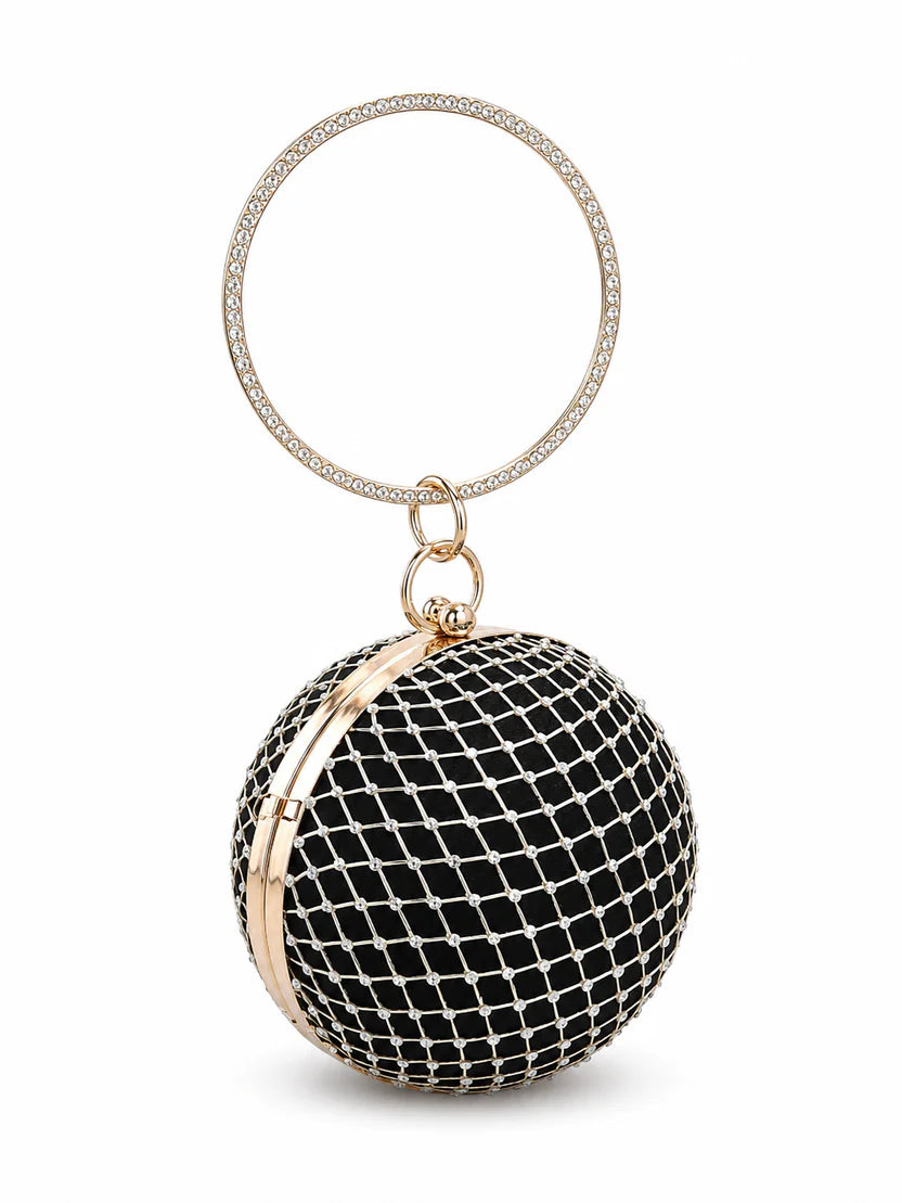 Golden Round Rhinestone Ring Handle Clutch