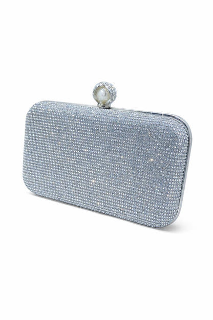 Silver Rhinestone Pearl Clasp Box Clutch
