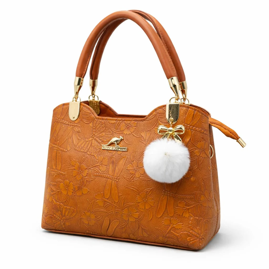 Black Floral Embossed Handbag with Pearl Charm