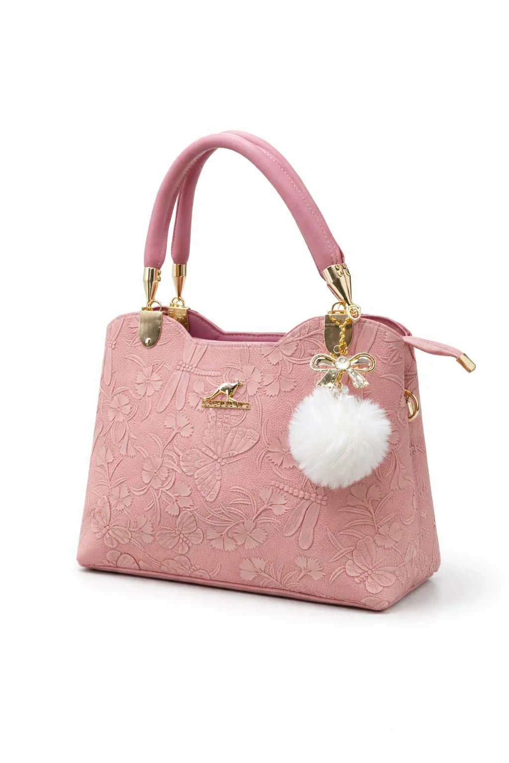Black Floral Embossed Handbag with Pearl Charm