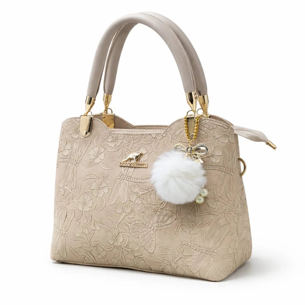 Black Floral Embossed Handbag with Pearl Charm