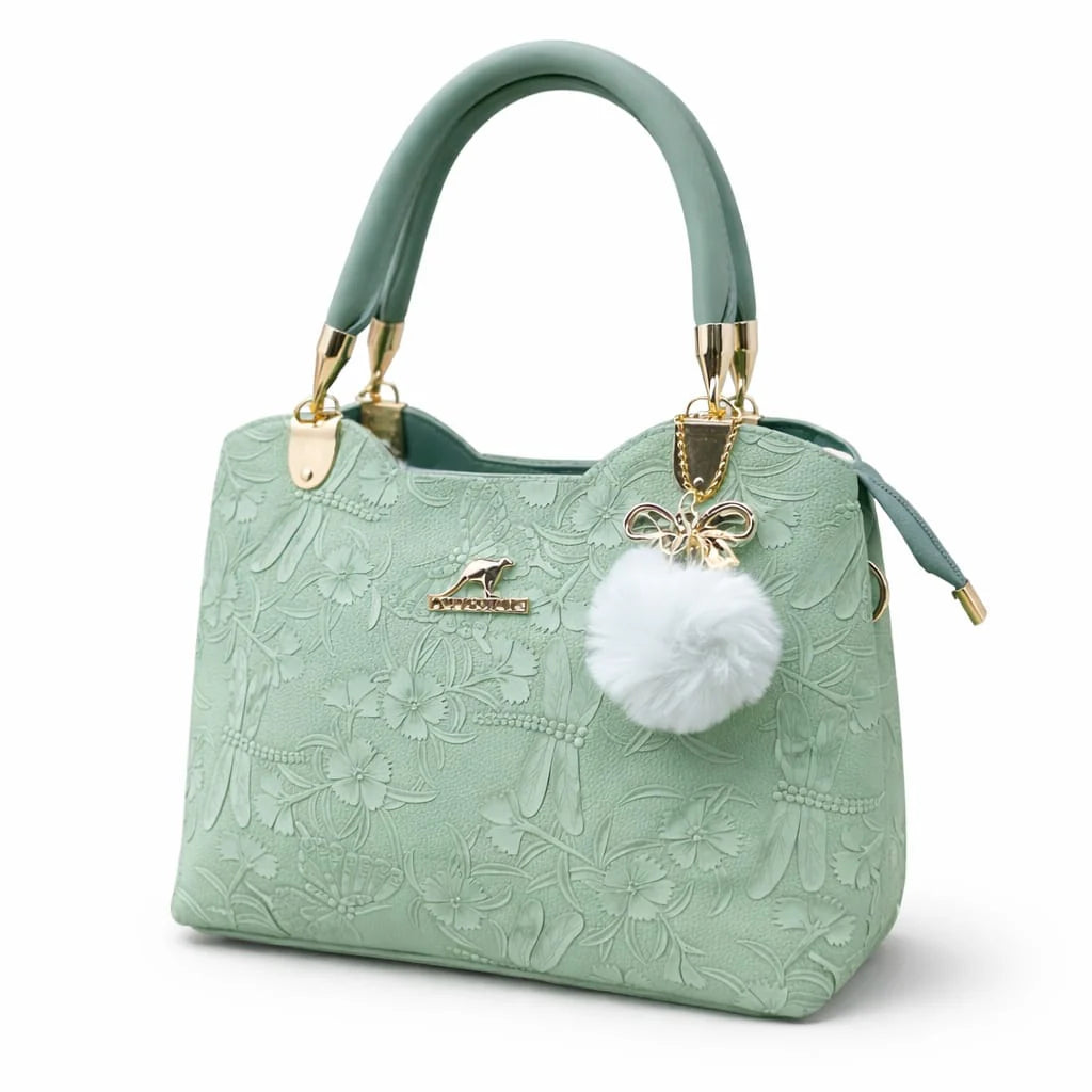 Black Floral Embossed Handbag with Pearl Charm