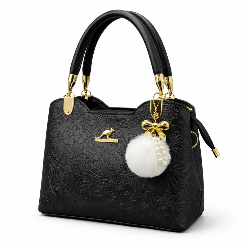 Black Floral Embossed Handbag with Pearl Charm