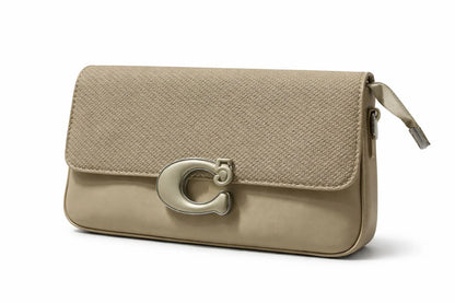 Beige Textured C-Clasp Clutch