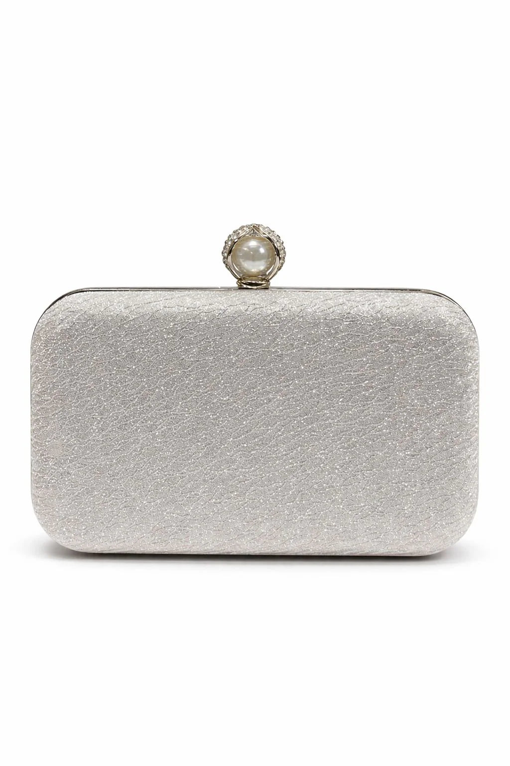Silver Textured Pearl Clasp Evening Clutch