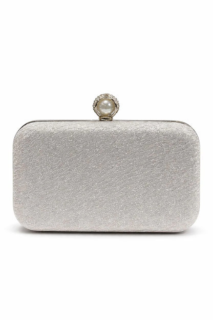 Silver Textured Pearl Clasp Evening Clutch