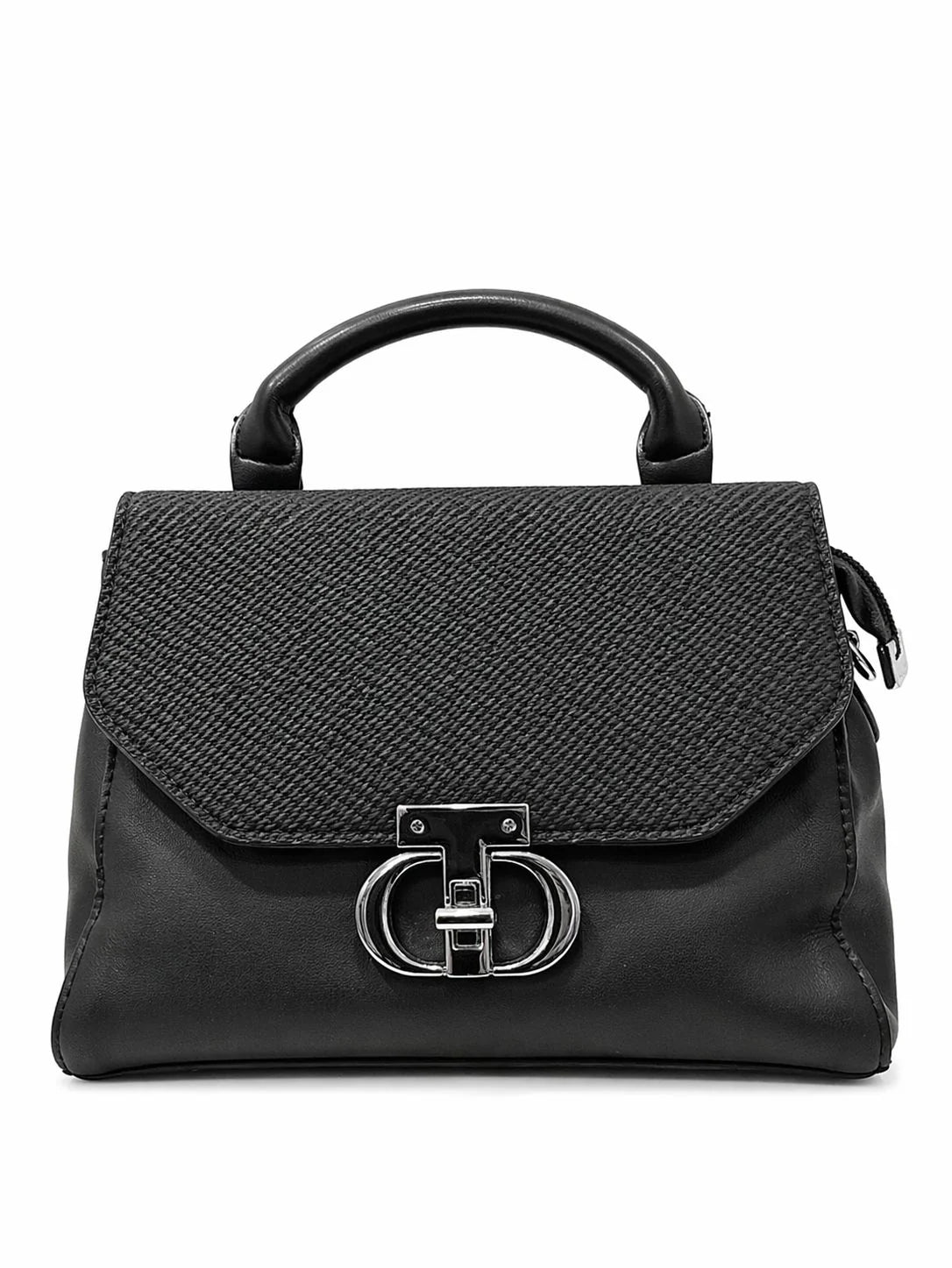 Black Textured Buckle Top Handle Handbag