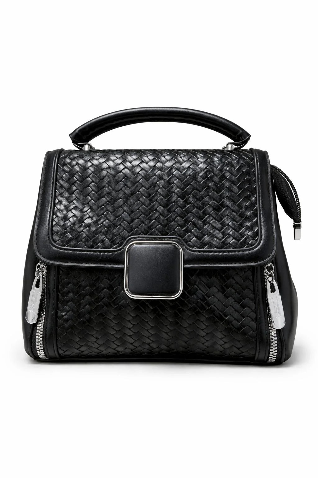 Black Braided Square Clasp Top Handle Handbag