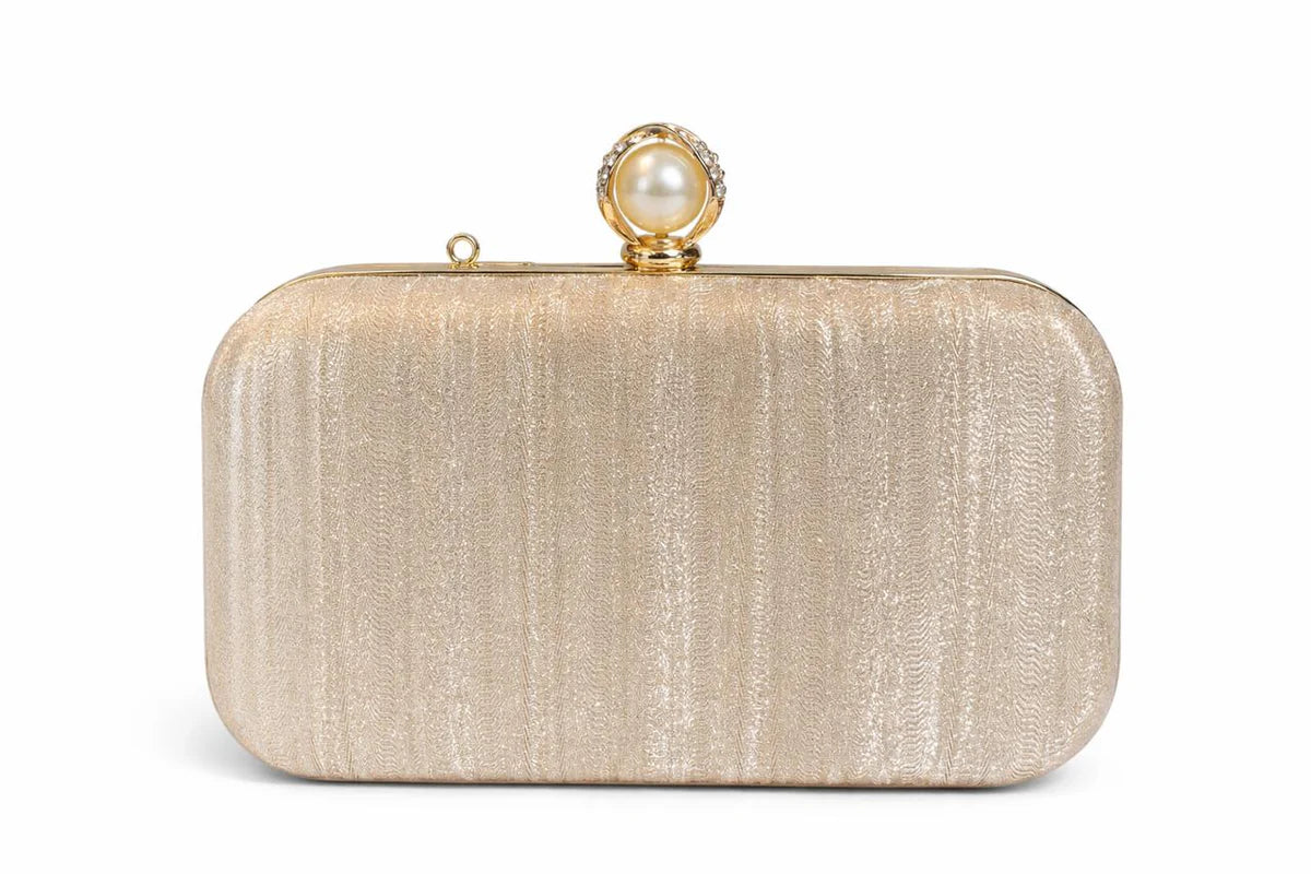 Silver Ribbed Pearl Clasp Evening Clutch