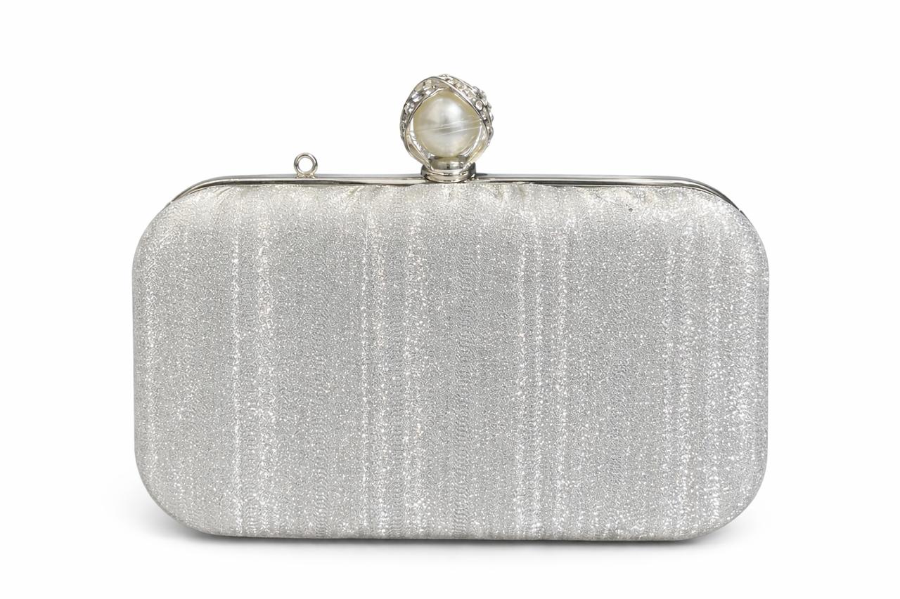 Silver Ribbed Pearl Clasp Evening Clutch
