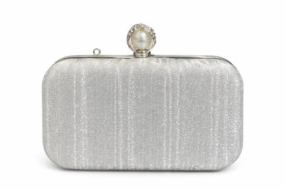 Silver Ribbed Pearl Clasp Evening Clutch