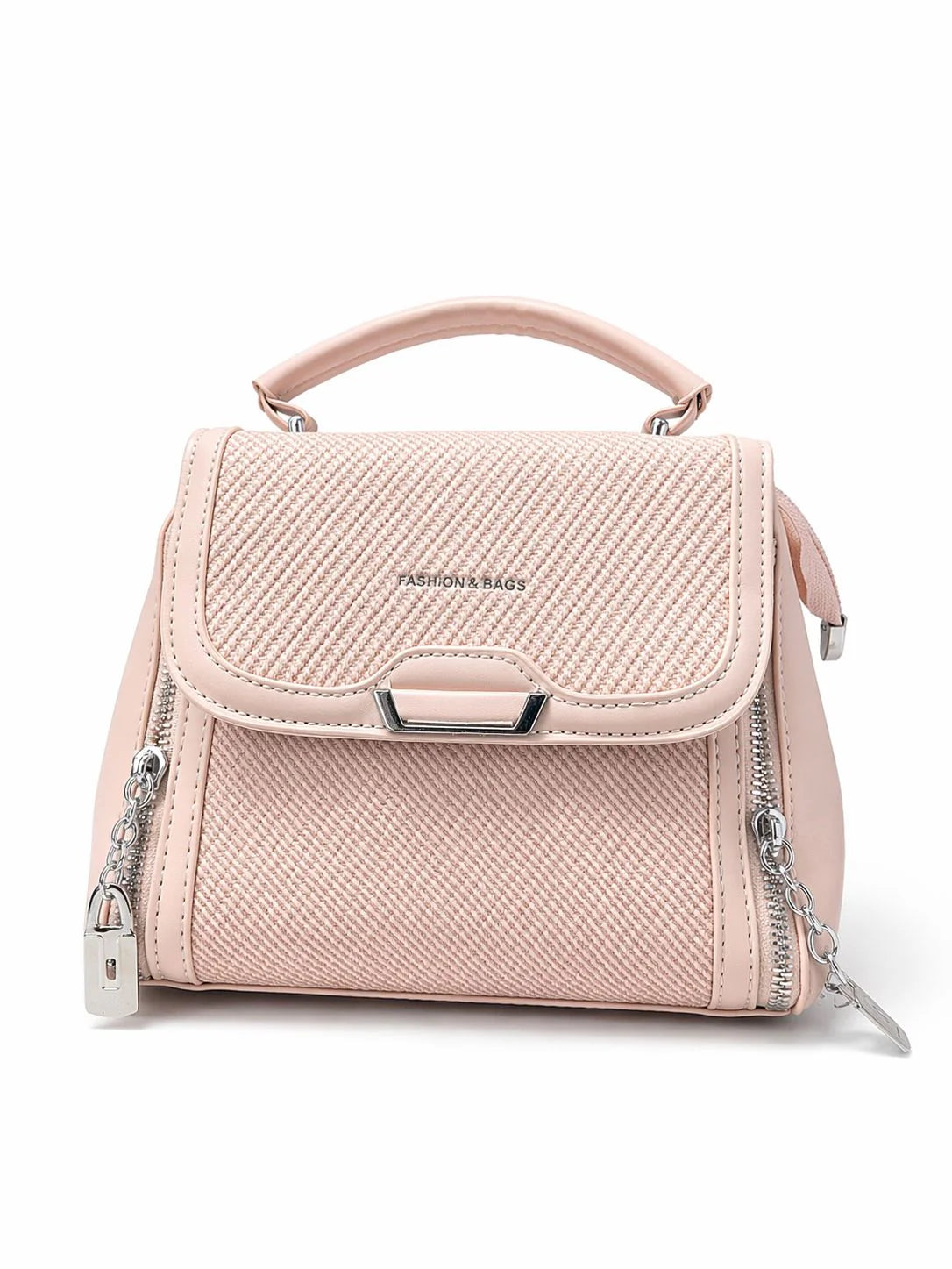 Beige Woven Zip Top Handle Handbag