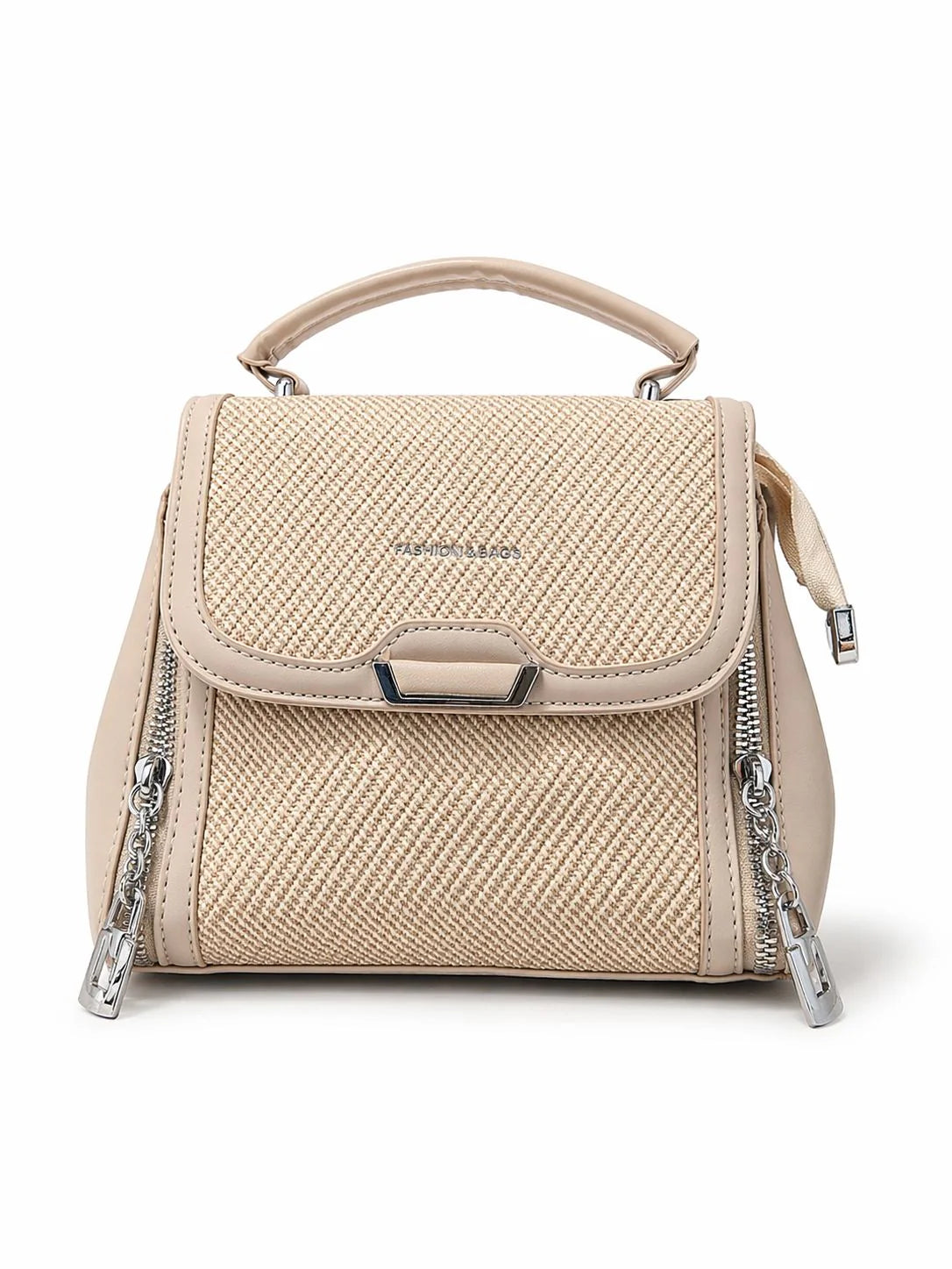 Beige Woven Zip Top Handle Handbag