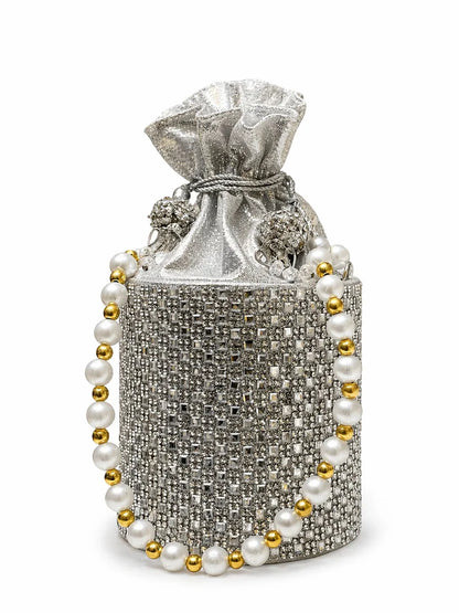 Silver Rhinestone Pearl Potli Bag