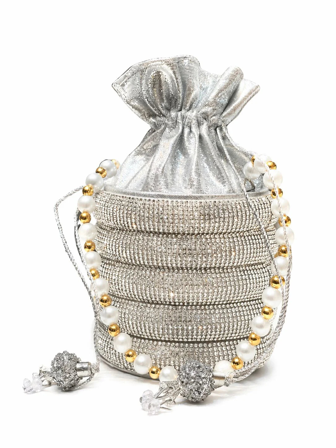 Golden Pearl Handle Rhinestone Potli Clutch