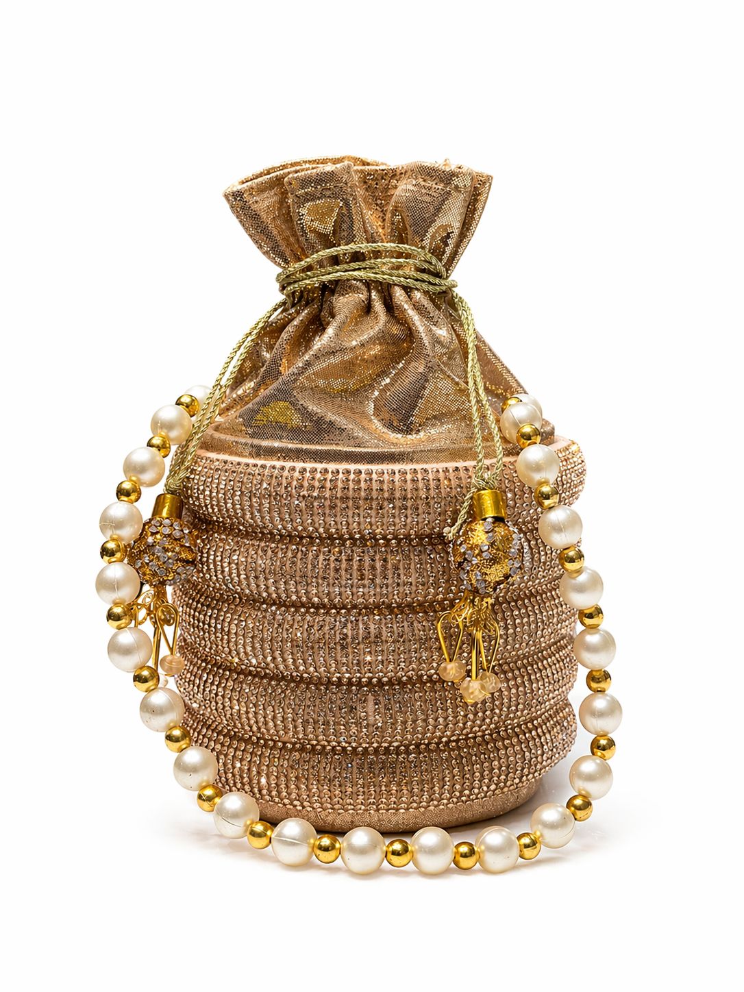 Golden Pearl Handle Rhinestone Potli Clutch