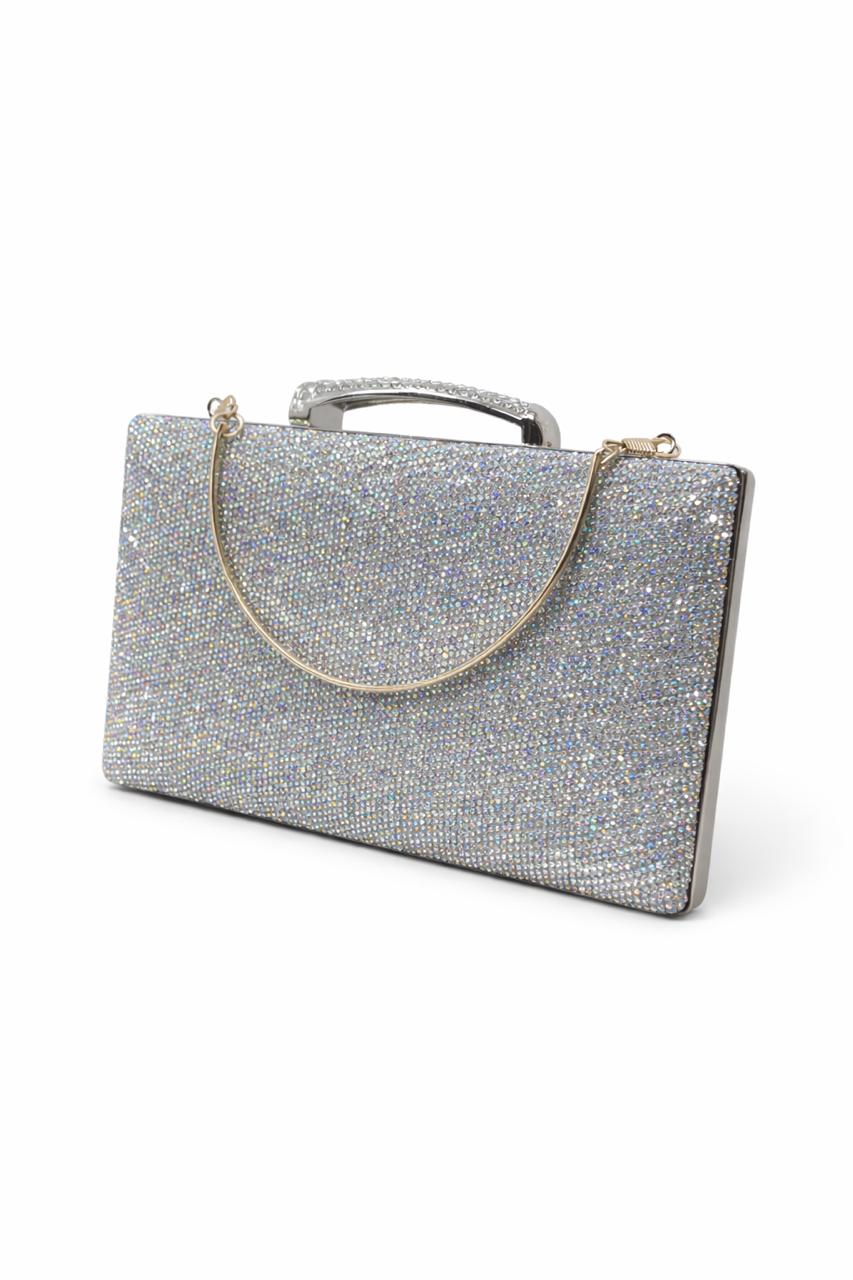 Silver Crystal Box Clutch with Chain Handle
