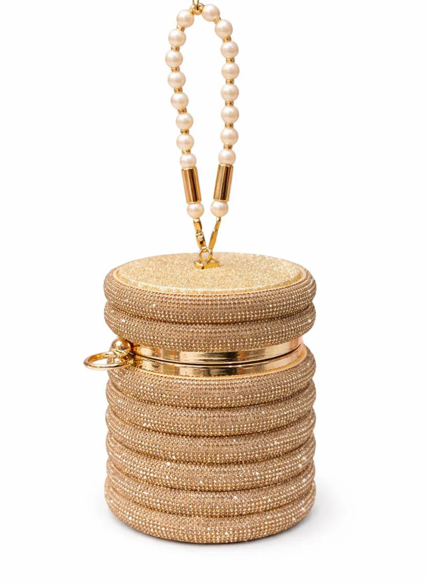 Silver Crystal Cylinder Clutch with Pearl Handle