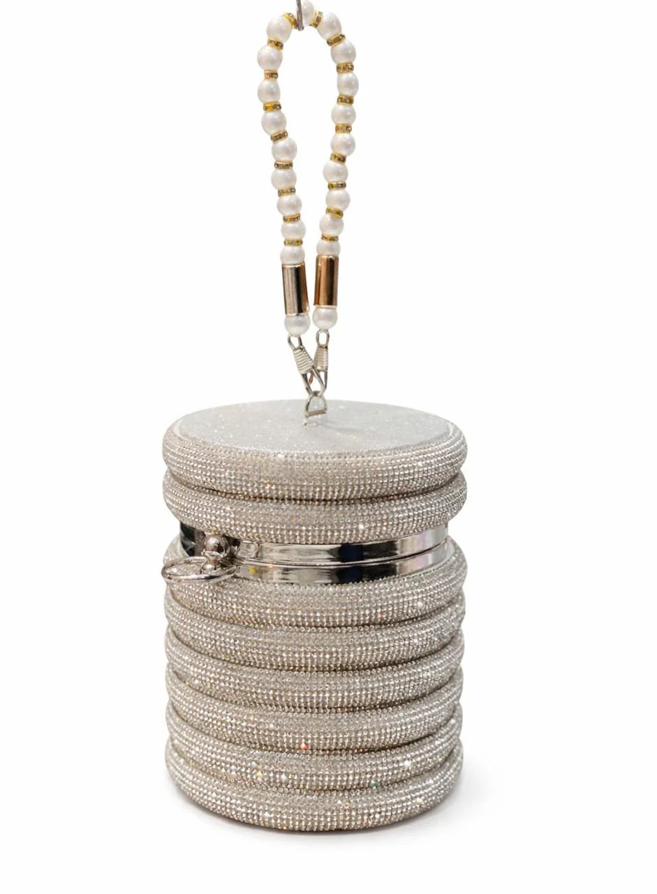 Silver Crystal Cylinder Clutch with Pearl Handle