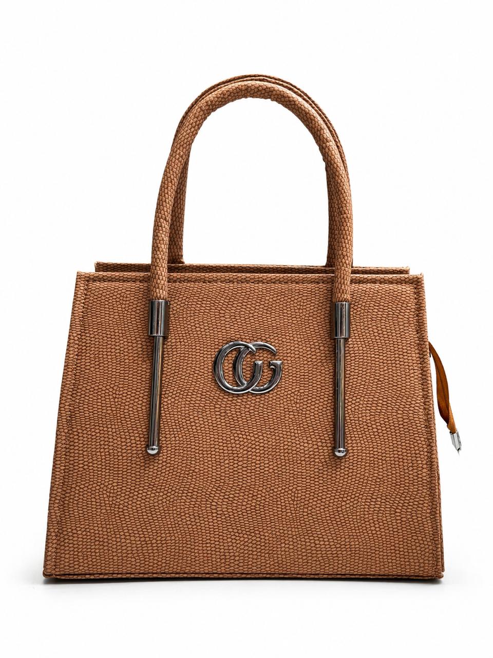 Tan Textured Top Handle Handbag