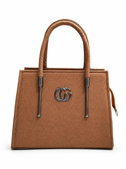 Tan Textured Top Handle Handbag
