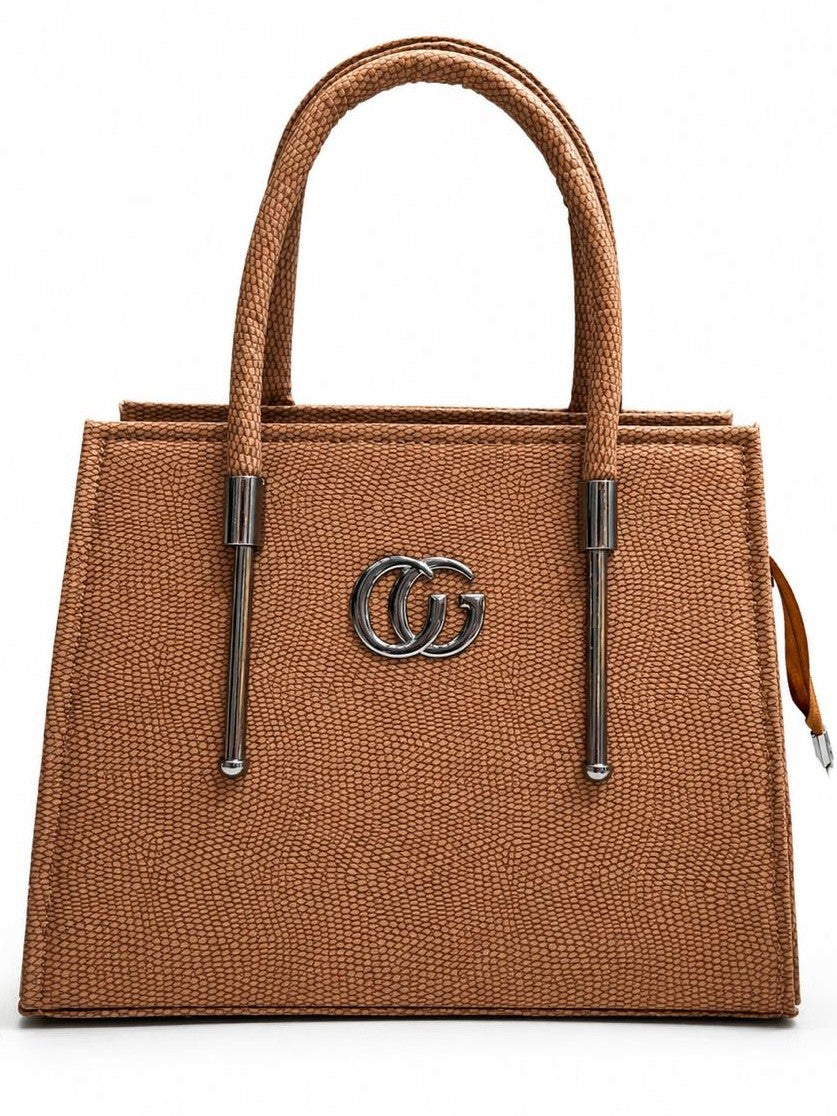 Tan Textured Top Handle Handbag