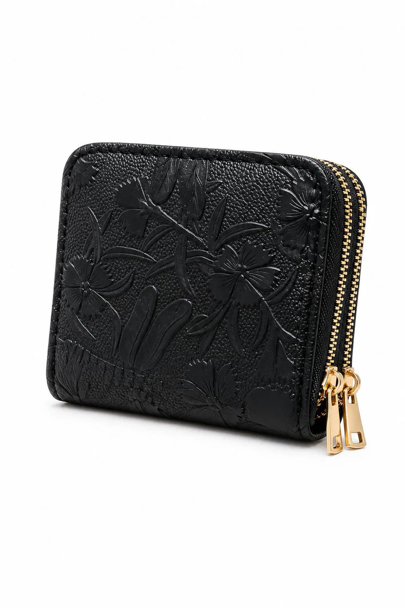 Brown Floral Embossed Zip Wallet