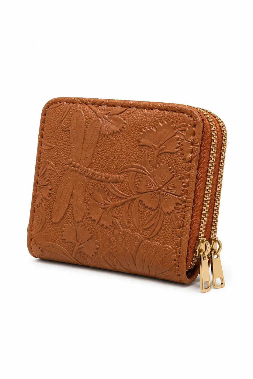Brown Floral Embossed Zip Wallet